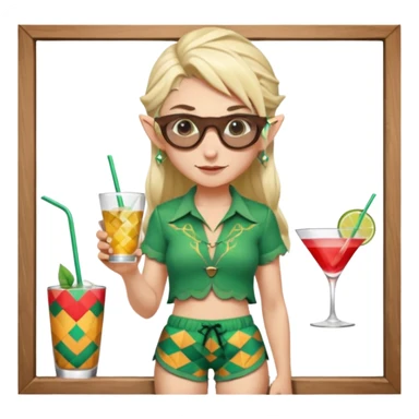 elf female legolas portrait, patterned board shorts (geometric/abstract), unique wooden-framed sunglasses, undercut hairstyle, slight smirk, visible pointy ears, no background, centered emoji, hipster summer vibe coctails sticker
