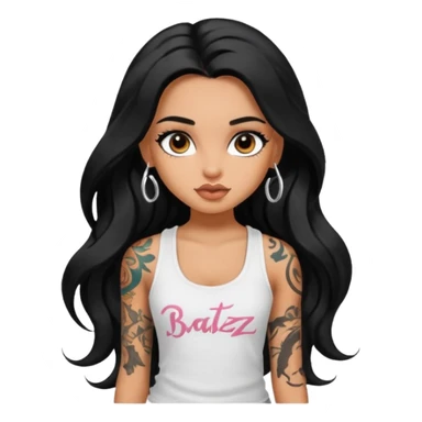 a pretty tan bratz girl with long wavy black hair, wearing a white tank top. with full tattoos sticker