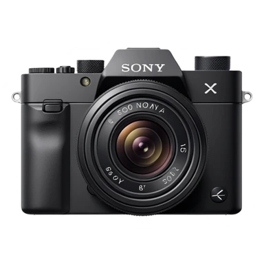 Ultra minimal black camera with 'Sony' text on top, basic camera shape with tiny lens, Sony branding visible sticker