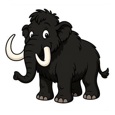 mammoth with black fur and white tusks, cartoon style sticker