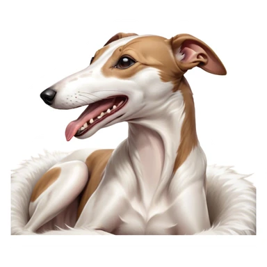 Cinematic Cute Yawning White and Brown Greyhound Portrait Emoji, Head tilted slightly with a dramatic, wide-open yawn, showcasing a pristine white Fur with bold brown markings, floppy ears slightly drooping, round eyes barely open in drowsy contentment, Simplified yet irresistibly adorable features, highly detailed, glowing with a soft, cozy glow, high shine, relaxed yet expressive, stylized with a touch of whimsy, bright and endearing, soft glowing outline, capturing the essence of a sleepy yet affectionate companion, so drowsy it feels like it could stretch out of the screen and curl up for a nap! sticker