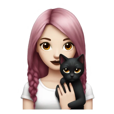 Pale girl with black eyeshadow and burgundy red colored hair with an emo haircut that’s long and layered holding a black cat sticker