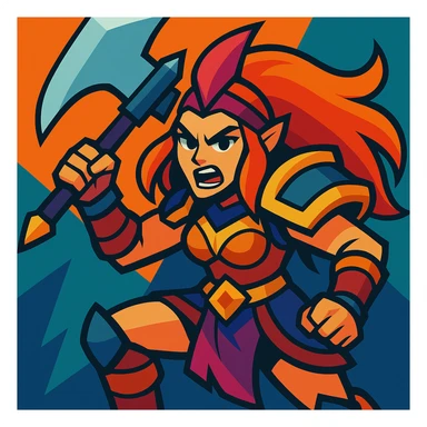 fierce League of Legends warrior with a weapon, vibrant cartoon style sticker