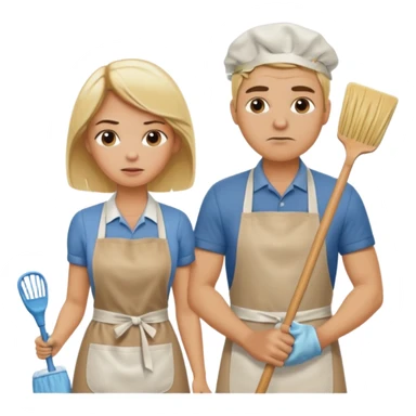 A blonde women slaving away cleaning a kitchen while her blonde husband scowls at her sticker