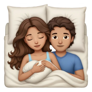 Man with dark brown wavy hair and woman with long light brown hair in bed cuddling and sleeping  sticker