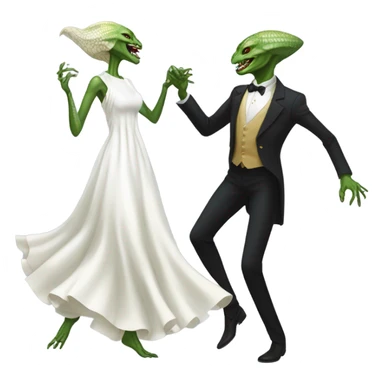  a Reptilian alien woman, in white dress, dance with a human man in frack sticker