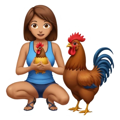 Kneeling Brown hair very large boob Woman open mouth tank top holding one rooster sticker