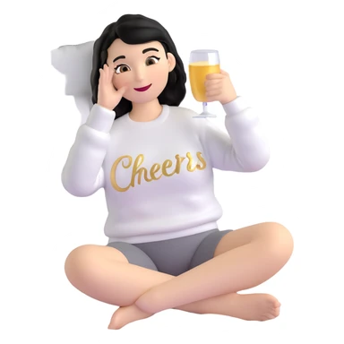 A woman with shoulder-length black hair, light to medium skin tone, full cheeks, and almond-shaped eyes, wearing a white sweater with the word 'cheers' in gold script, lying comfortably on a bed with soft lighting, joyful and radiant expression sticker
