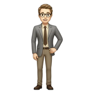Full height Actively Gesturing Pale skinned fit man with dark brown hair in gray jacket, beige office shirt, brown tie, brown pants and vintage glasses. sticker