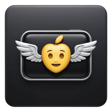 3D emoji of a rectangular video screen with a play icon in the center and small wings on both sides, in Apple Memoji style. Soft studio lighting, glossy finish, black background, minimalistic and centered composition sticker
