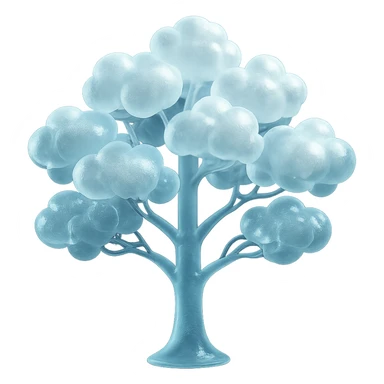 one tree with many branches and a white trunk, crown made of small very bright white fluffy convex clouds, matte glass style sticker