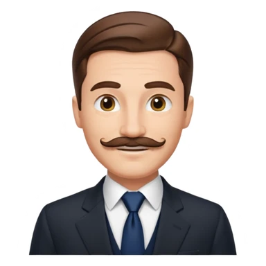 Caucasian gentleman emoji, slicked back brown hair, black suit, navy tie, smiling, mustache sticker