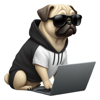 Pug wearing a black hoodie and using a laptop and wearing sunglasses sticker