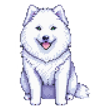 A pixel art Samoyed dog, sitting, facing forward, white fur, black eyes, smiling, simple background. sticker
