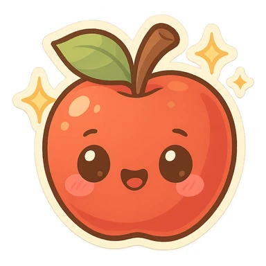 chibi sticker-style apple with sparkles, cute and exaggerated sticker