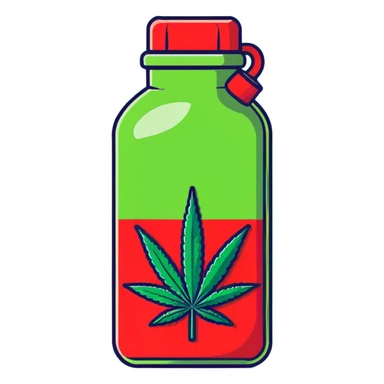bright red gasoline canister surrounded by a banana, an apple, grapes, and a cannabis leaf, red fuel can with fruits and marijuana leaf arranged around it sticker