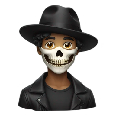 young age man wearing half skull mask (opening at mouth) with a black fedora hat sticker