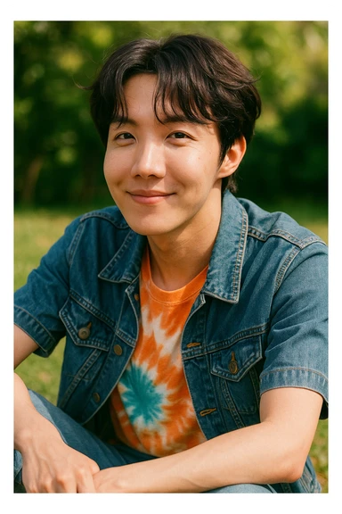 J-hope in a candid, relaxed pose with a gentle smile, natural and vibrant style similar to the reference images sticker