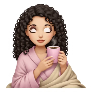 woman with medium tone, black long 3b curls, closed eyes, feminine face, holding soft pink coffee cup with beige blanket over shoulders sticker