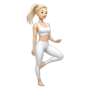 Pale skinned fit woman In a white tight yoga suit With ash blonde hair in a ponytail and gray eyes doing yoga sticker