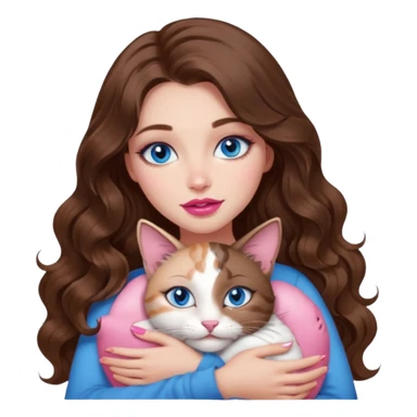 girl with long wavy brown hair, blue eyes, long lashes makeup, sexy pink lips, cuddling with 6 cats sticker