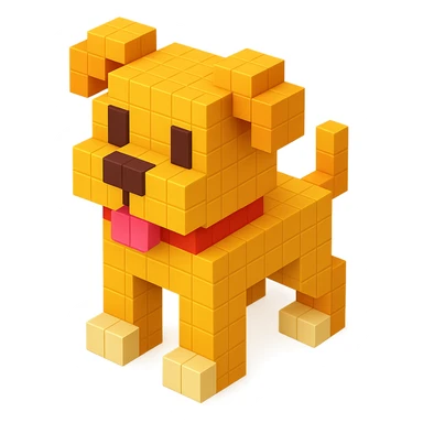 <SystemPrompt>
                <Style>
                  <Name>Voxel Emoji Art</Name>
                  <Description>A playful, isometric voxel style that mimics pixel art in 3D, commonly used for emojis, UI icons, and symbols. Rendered with bright, vibrant colors and no shadows.</Description>
                  <VisualRules>
                    <Geometry>
                      <BaseUnit>Cube</BaseUnit>
                      <GridAlignment>Isometric</GridAlignment>
                      <VoxelSize>Consistent</VoxelSize>
                    </Geometry>
                    <Color>
                      <Palette>Vivid and High Saturation</Palette>
                      <Gradient>Allowed on faces for subtle lighting</Gradient>
                    </Color>
                    <Lighting>
                      <Style>Soft studio lighting</Style>
                      <Shadows>Subtle ambient shadows</Shadows>
                    </Lighting>
                    <Detailing>
                      <Outline>None</Outline>
                      <Texture>Flat color (no texture noise)</Texture>
                      <Effects>None</Effects>
                    </Detailing>
                  </VisualRules>
                </Style>
                <Generation>
                  <PromptTemplate>
                    <![CDATA[
                      Render a voxel-style 3D illustration of a {subject}, using bright colors and blocky pixelated geometry. The object should appear playful and clean, similar to emoji aesthetics, with no shadows and no outlines. Lighting should enhance the 3D depth without harsh contrast.
                    ]]>
                  </PromptTemplate>
                </Generation>
              </SystemPrompt>
              {subject} = dog sticker