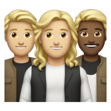 three men: one white with blond hair, another white with brown hair, one middle eastern with black hair sticker