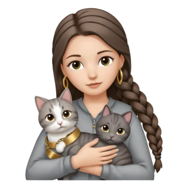 a white girl with long brunette hair in one braid that is over her shoulder. shes holding a grey cat. the girl has long lashes and has on a grey zip up that is half way zipped  and under a white shirt and gold bracelets. sticker