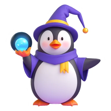 3D emoji style penguin wizard with a glowing orb and wizard hat sticker