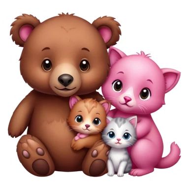 A cute realistic brown bear and a realistic cute pink dodo closely together. Between them there is a cute brown kitten sticker