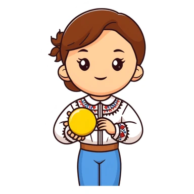 Young Ukrainian girl with brown hair wearing a white traditional embroidered shirt holding the sun in her hand sticker