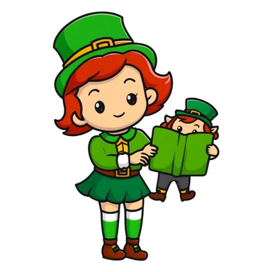 girl with red hair and brown eyes with a leprechaun sticker