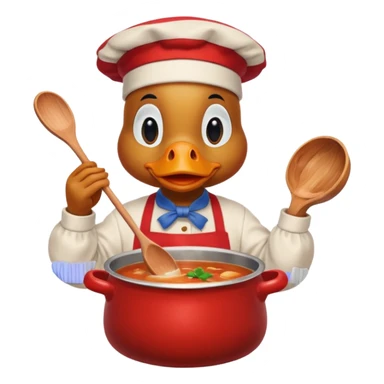 A duck wearing red apron stirring soup in a small pot, looking very focused. sticker