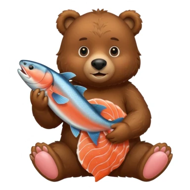 A brown bear holding a salmon sticker