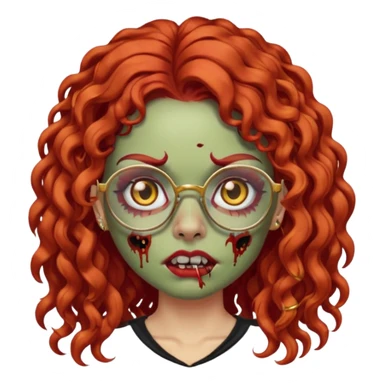 zombie girl emoji with long red curly hair, thick lashes, black glasses, gold nose piercings on each nostril, and a gold eyebrow piercing. sticker