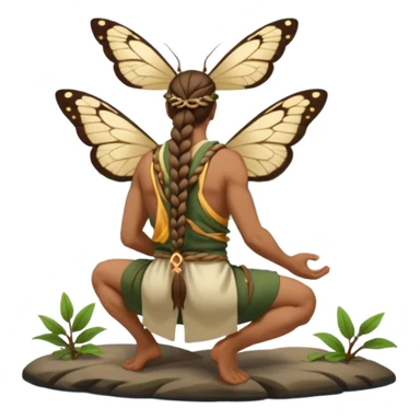full body druid man, tan skin, long braid, from behind kneeling at lake edge, moths around shoulders sticker