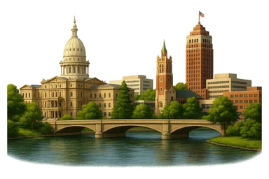 cinematic realistic emoji of Lansing Michigan wide city view with iconic landmarks Michigan State Capitol Michigan State University campus Boji Tower Grand River lifelike detail accurate colors bright daytime lighting no sky no clouds no city name label sticker