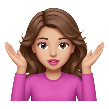 girl with long wavy brown hair, brown eyes, light to medium complexion, in a pink shirt, pink lips, long lashes, puckered lips, both hands in teh air sticker