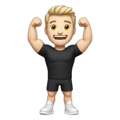 Joyful Celebrating victory Pale skinned Fit Man With the biceps and dark brown hair in black shirt, gray sports shorts and white Sneakers sticker
