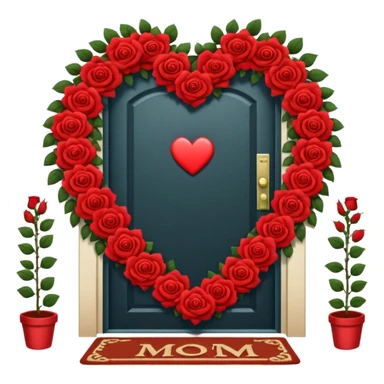 House door with heart-shaped wreath and welcome mat reading "Mom" sticker