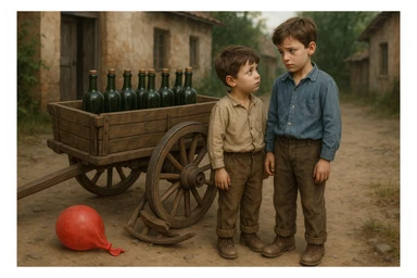 g'ildiragi singan ichimliklar ortilgan arava bir baloni singan uni yonida aka uka havotirli nigoh bilan bir biriga qarab turishibdi realistik qilib ber sticker