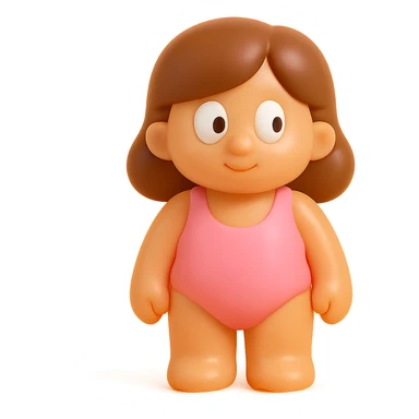 hyper-detailed retro 90's toy style semi-transparent soft plastic beach girl with derpy eyes natural colors tan skin brown hair pink swimsuit no tag no background soft reflections soft and squishy some cloudiness not shiny highly detailed appealing sticker