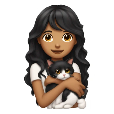 TAN SKIN GIRL with long black wavy hair and bangs HUGGING HER CALICO CAT  sticker