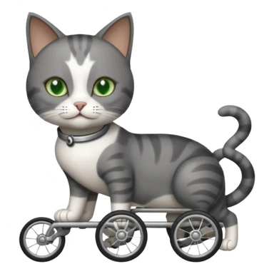 full body small short hair dark grey and white cat with green eyes walking in a wheelchair for cats sticker