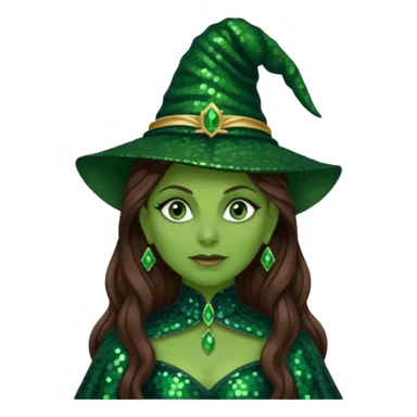 Elphaba from The Wizard of Oz with long brown hair, dark green sequin outfit, green skin sticker