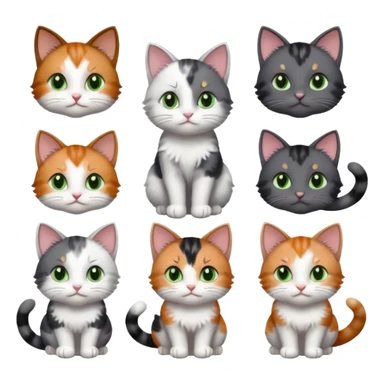 6 different coloured small cats including a dark grey and white, and a patchy calico, and a brown tabby and white,  and a completely solid dark grey with green eyes and only white paws sticker