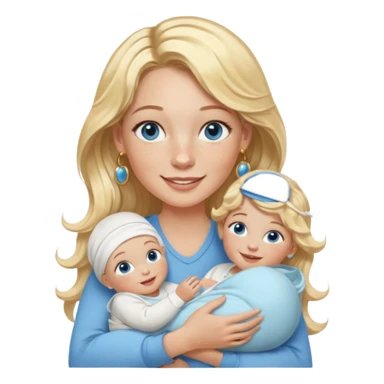 Wavy blonde, white woman with blue eyes, freckles hoop earrings, holding babies smiling and really cute in gold hoops she needs to be holding three newborns, and she needs to be more cute than pretty sticker