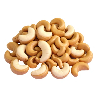 3D color illustration of small pile of glossy roasted cashew nuts, crescent-shaped, realistic texture, light tan color, grouped for detail, emoji-like 3D style, white background sticker