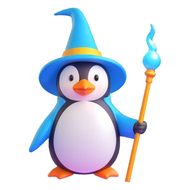 3D rendered penguin wizard with shiny hat and glowing staff, playful toy-like style sticker