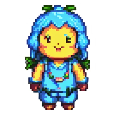 Jin character, cheerful expression, pixel art style sticker